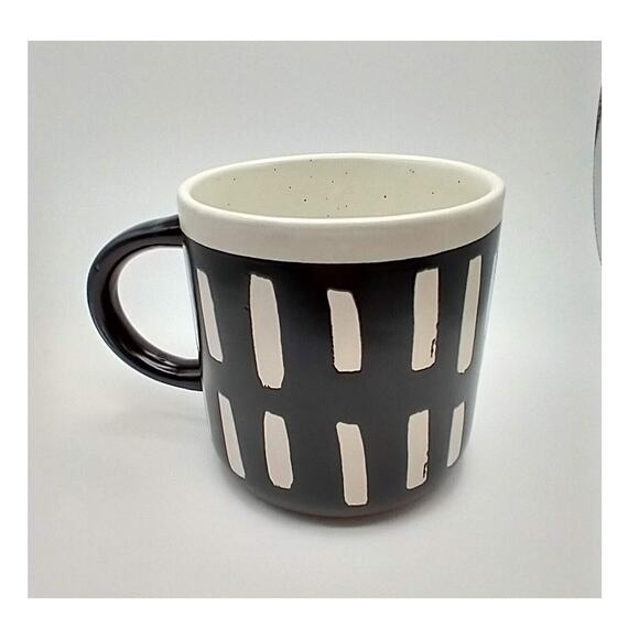 VTG MCM Cream Speckled Stoneware Mug Black Striped Glaze 14oz C Handle - Picture 6 of 8